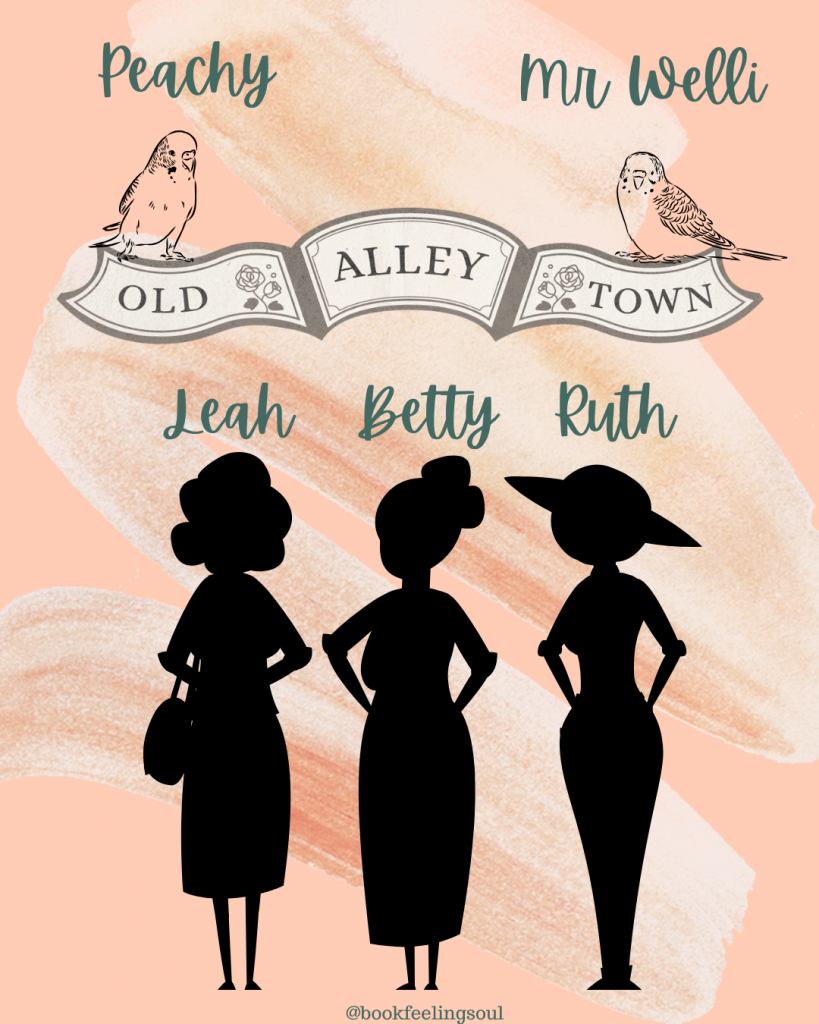Vorstellung der Charaktere aus der Krimireihe: 3 Silhouetten mit Leah, Betty und Ruth, darüber der Schriftzug Old Alley Town und die beiden Wellensittiche Peachy und Mr Welli